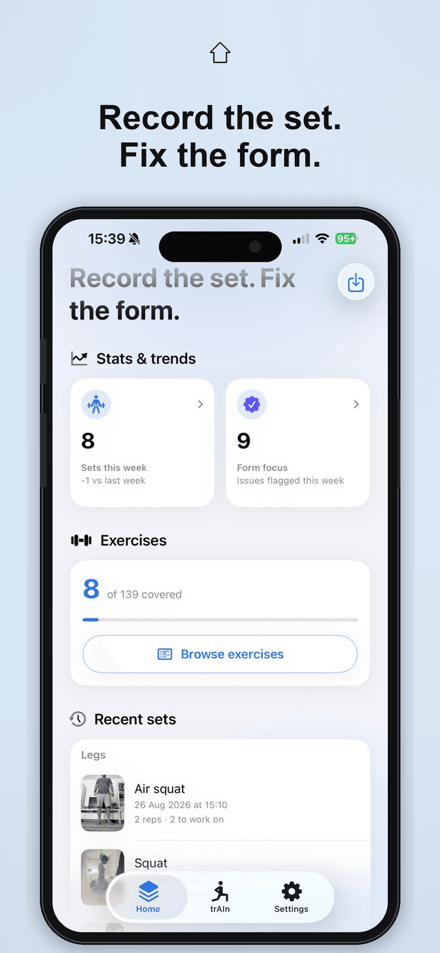TrAIner home — weekly sets, form focus, and recent sessions