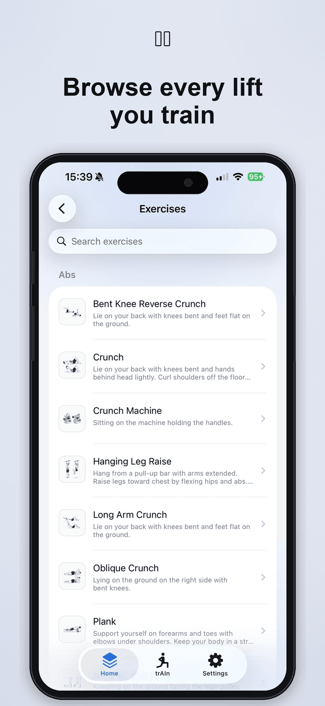 Exercise library browsed by muscle group