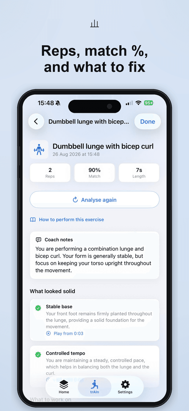 AI result with reps, match percent, and coach notes