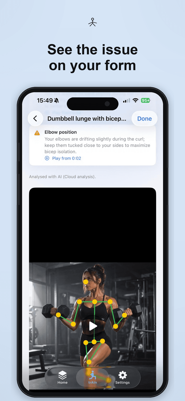 Pose overlay highlighting a form issue on video